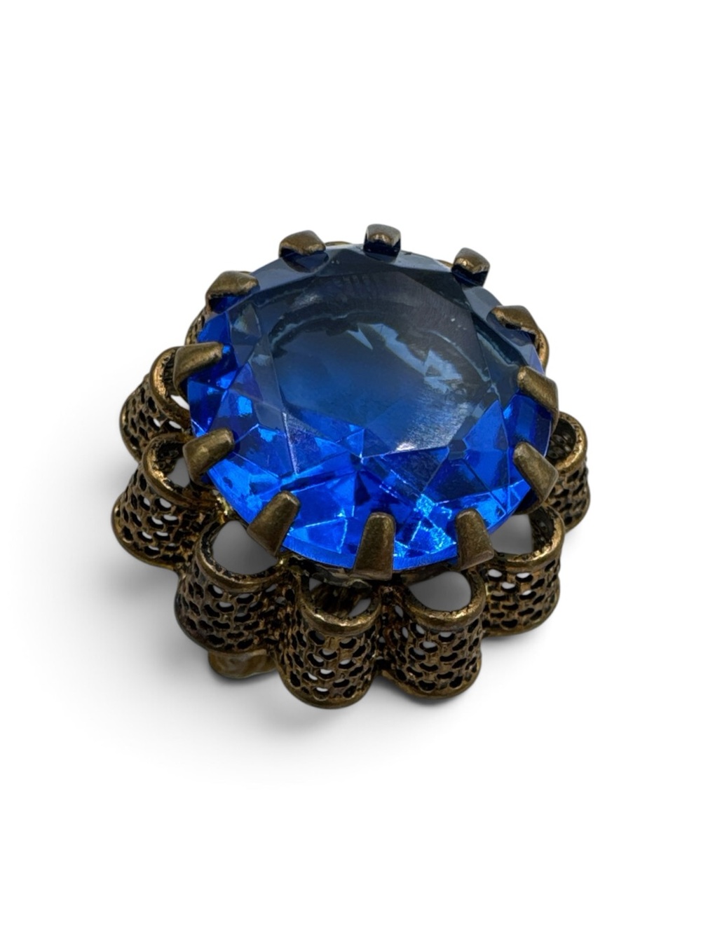 Vintage West Germany Blue Glass Rhinestone Filigree Cocktail Ring Adjustable